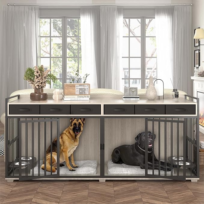 86.6inch Dog Crate Furniture with Storage,Furniture Style TV Stand Dog Kennel for 2 Dogs,with 6 Drawers,Removable Divider&Adjustable Bowls,Heavy Duty Metal Chew-Resistant Dog Crate Furniture-PurrikoPets