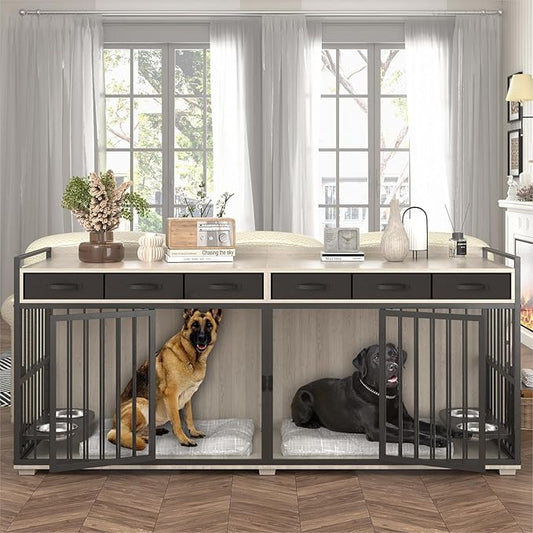 86.6inch Dog Crate Furniture with Storage,Furniture Style TV Stand Dog Kennel for 2 Dogs,with 6 Drawers,Removable Divider&Adjustable Bowls,Heavy Duty Metal Chew-Resistant Dog Crate Furniture-PurrikoPets