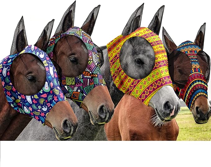 Frienda 4 Pieces Horse Fly Masks with Ears Face Covering UV Protection from Insect Pests Elasticity Smooth Comfortable Mesh Horse Mask Accessories(Geometric,Medium)-PurrikoPets