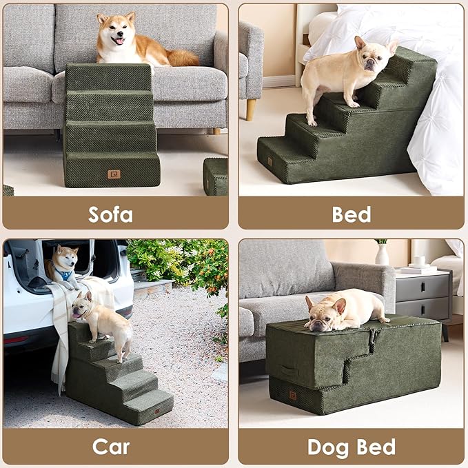 EHEYCIGA Dog Stairs for Bed 18" H, 4-Step Dog Steps for High Bed, Pet Steps for Small Dogs and Cats, Non-Slip Balanced Pet Ramp Indoor, Olive Green-PurrikoPets