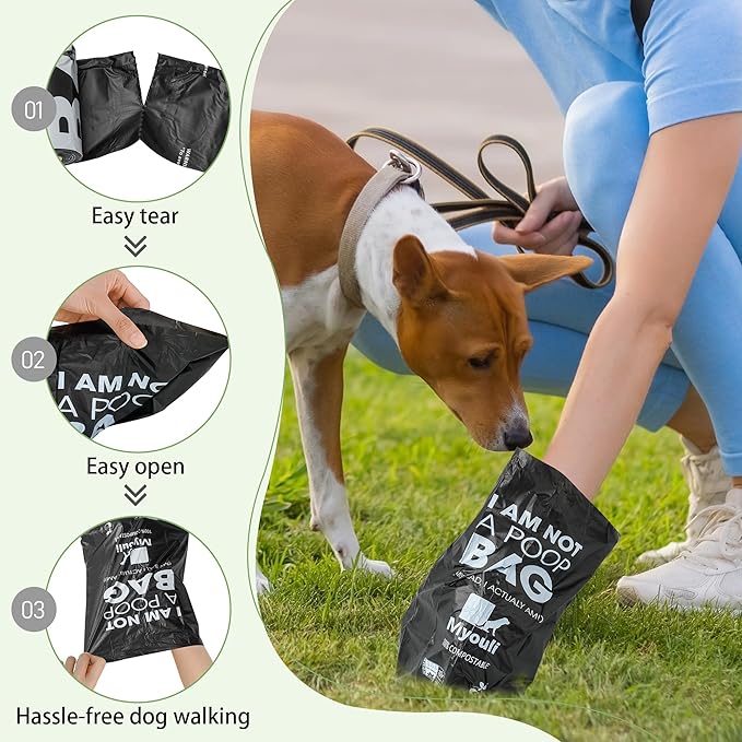 100% Certified Compostable Dog Poop Bag Rolls, 120 Bags (8 Rolls) Eco-Friendly Poop Bags for Dogs, Leak Proof Unscented Easy Open Poop Waste Bag（Black）-PurrikoPets