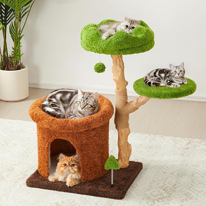 32-Inch Multi-Level Cat Tree Tower, Natural Wooden Cat Furniture with Sisal Scratching Posts, Beds & Condo, Cute Cat Tree for Indoor Cats, Multi-Cat Householdsolds-PurrikoPets