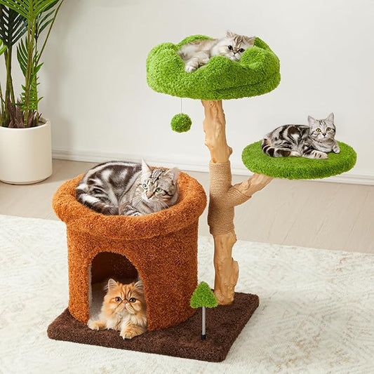 32-Inch Multi-Level Cat Tree Tower, Natural Wooden Cat Furniture with Sisal Scratching Posts, Beds & Condo, Cute Cat Tree for Indoor Cats, Multi-Cat Householdsolds-PurrikoPets