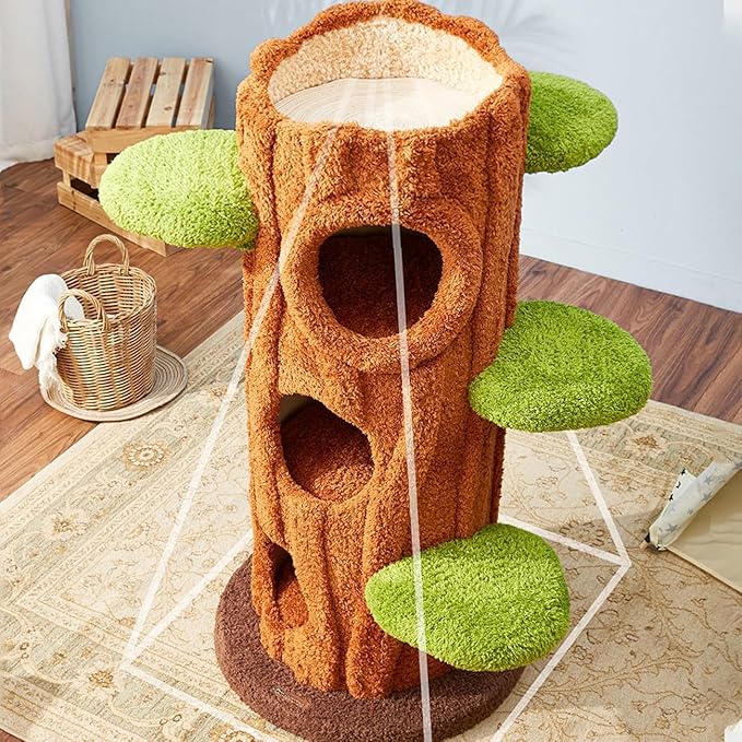 47.2'' Natural Wooden Cat Tree, Modern Cat Condo for Indoor Kitten, Multi-Level Cat Tower with Cat Perch and Scratching Pad for Multi-Cat Families-PurrikoPets