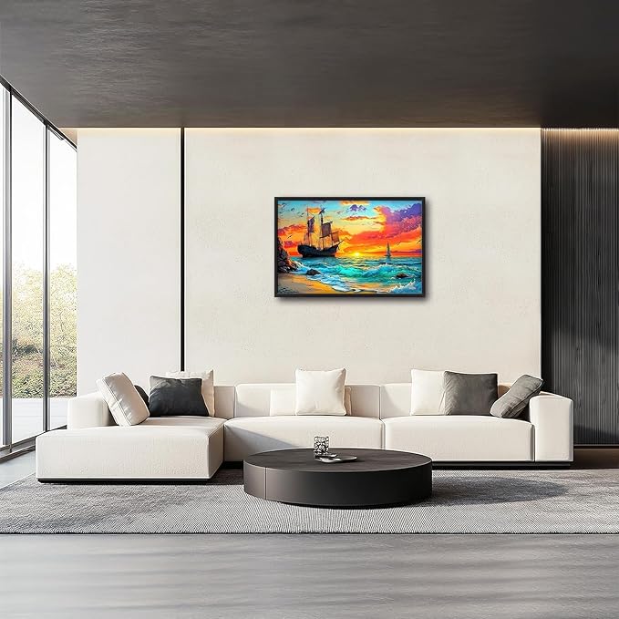 Framed Large Ship Wall Art for Living Room, Oversized Coastal Beach Boat Wall Decor Nautical Seascape Sailboat Canvas Painting Modern Artwork Home Decoration for Living Room Bedroom 36"x24"-PurrikoPets