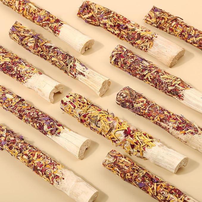 Abizoo Natural Rabbit Chew Toys,10 Sticks Sweet Bamboo Sticks for Rabbits with Petals,Bunny Chew Toys for Guinea Pig,Chinchilla,Hamster Treats Pet Wood Chews Snack Healthy Small Animals Toys for Teeth-PurrikoPets