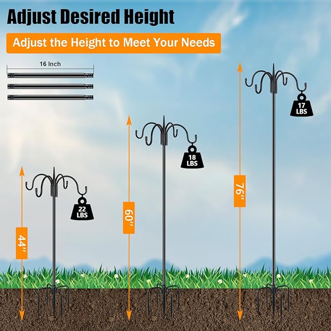FEED GARDEN 76 Inch Four Shepherd Hooks for Outdoor,Bird Feeder Pole with 5 Prong Base, Adjustable Shepard Hooks for Hanging Plant, Solar Lanterns, Wind Chimes, 2 Pack-PurrikoPets