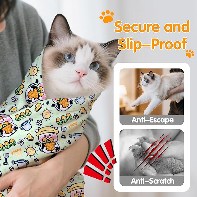 27.6" Large Cat Grooming Wrap, Cat Grooming Supplies, Cat Wrap for Cutting Nails, Self-Adhesive Cat Grooming Bag for Cats Within 15lbs Cat Restraint for Nail Clipping, Medicine Taking(Green)-PurrikoPets