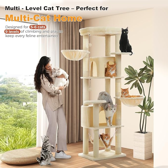 71.2" Tall Cat Tree for Indoor Cats - 9-Level Multi-Cat Tower w/5 Sisal Scratching Posts, 2 Condos, 3 Hammocks, Perch & Pom Poms - Heavy-Duty for Adult Cats, Space-Saving Plush Beige-PurrikoPets