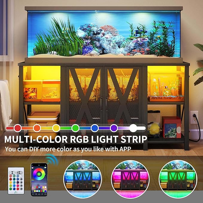 DWVO Reptile Tank Stand Aquarium Stand with Power Outlet & LED Light, 75/90/120 Gallon Terrarium Stand Cabinet - Heavy Duty Fish Tank Stand for Turtle Tank, Reptile Terrarium, 2000LBS Capacity, Black-PurrikoPets