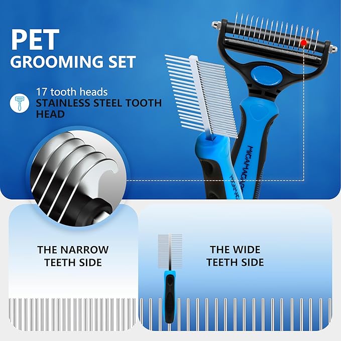 2-in-1 Shedding Brush and Detangling Comb Combo,Small Dog Stripping Brush, Dog and Cat Grooming Comb, 17 Stainless Steel Teeth Remove Tangled Hair, Pet Grooming Tools-Small-PurrikoPets
