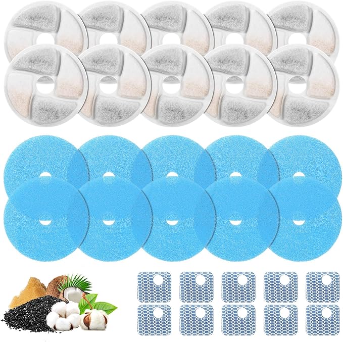 10 Set Cat Water Fountain Filter Replacement for Square 2.2L/73oz Stainless Steel Cat Fountain, ZEKIRY Pet Fountain Filter, Triple Filtration Replacement Filters(10 Filter, 10 Sponge, 10 8D Sponge)-PurrikoPets