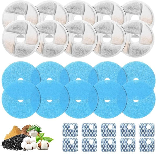 10 Set Cat Water Fountain Filter Replacement for Square 2.2L/73oz Stainless Steel Cat Fountain, ZEKIRY Pet Fountain Filter, Triple Filtration Replacement Filters(10 Filter, 10 Sponge, 10 8D Sponge)-PurrikoPets