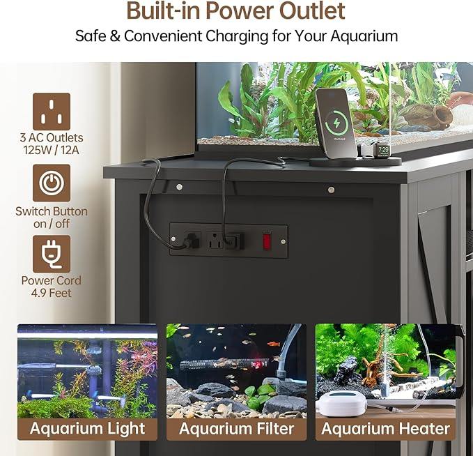 55-75 Gallon Fish Tank Stand with Power Outlet & Adjustable Shelf, Heavy Duty Aquarium Stand with Cabinet Storage for Fish Tank, Turtle Tank, Reptile Terrarium, 1000LBS Capacity, Black-PurrikoPets