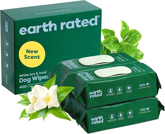 Earth Rated Pet Wipes for Dogs and Cats, Hypoallergenic, 3-in-1 Cleaning, Deodorizing and Hydrating, for Grooming Paws, Body and Butt, New White Tea and Basil Scent, 400 Count-PurrikoPets