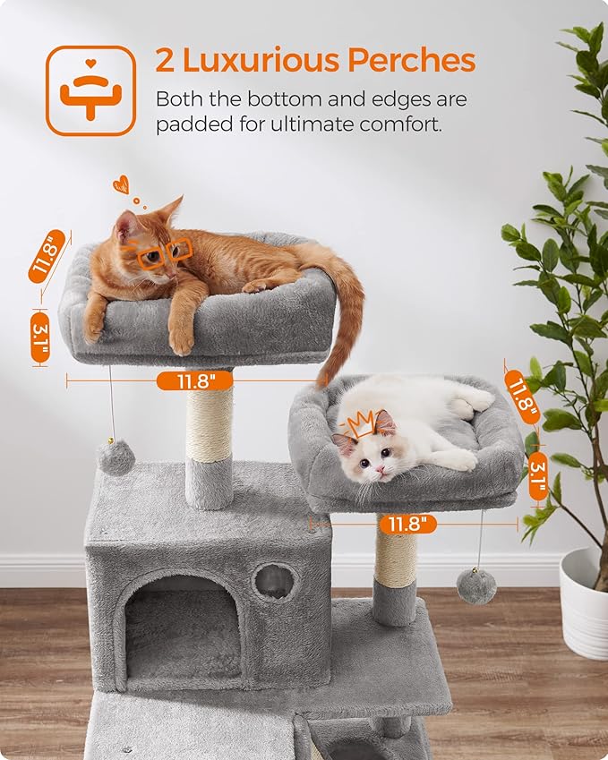 Feandrea Cat Tree, 66.1-Inch Large Cat Tower with 13 Scratching Posts, 2 Perches, 2 Caves, Basket, Hammock, Pompoms, Multi-Level Plush Cat Condo for Indoor Cats, Light Gray UPCT165W01-PurrikoPets