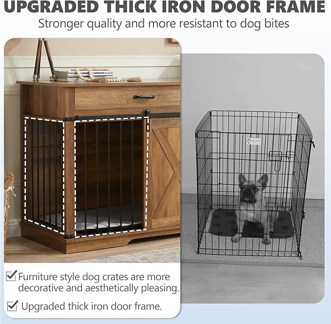 72.5" Extra Large Furniture Style Double Dog Crates for Large Breeds, XXL Wooden Dog Kennel Furniture with Drawers, Divider, Water Resistant & Barn Door for 2 Dogs, Rustic Oak-PurrikoPets