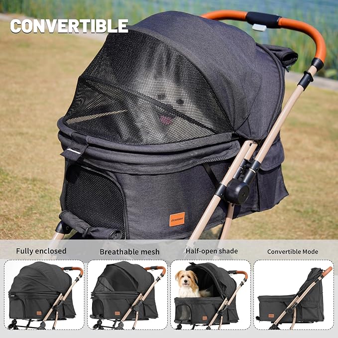 EchoSmile Small Medium Dogs Stroller 4-Wheel Pet Strollers for Medium Dogs Up to 50lbs, One Click Folding Large Cat Stroller, Reversible Handle, Shock Absorbing Wheels, Removable Washable Pad-PurrikoPets