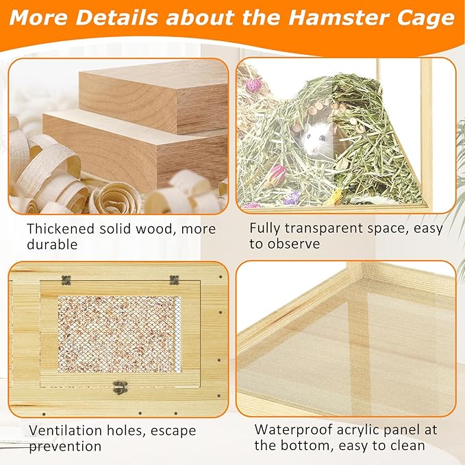24" Hamster Cage, Lockable Sliding Door Gerbil Cage, Dwarf Hamster Cage with Metal Mesh Roof, Mice and Small Animal Habitat, Chewproof Syrian Hamster Enclosure, (Wooden, 24" L x 16" W x 16" H)-PurrikoPets