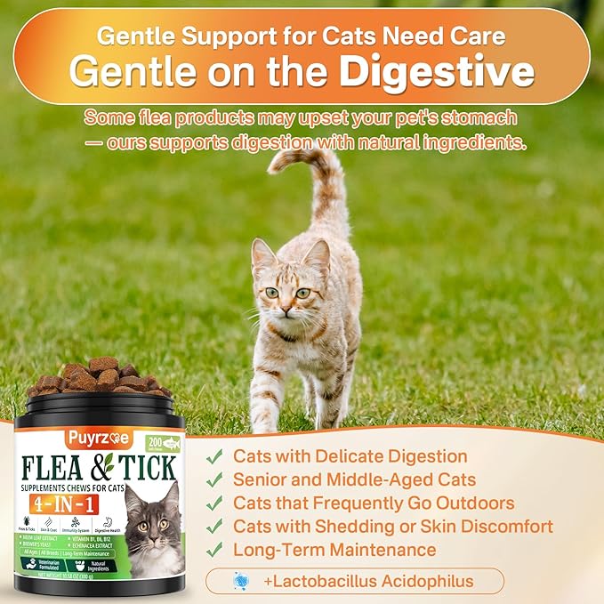 4-in-1 Flea Treatment for Cats Chewable, Natural Cat Flea and Tick Prevention Chewable Supplement for Skin & Coat | Immunity Support | Digestive | Flea & Tick Treatment for All Breeds & Sizes-PurrikoPets