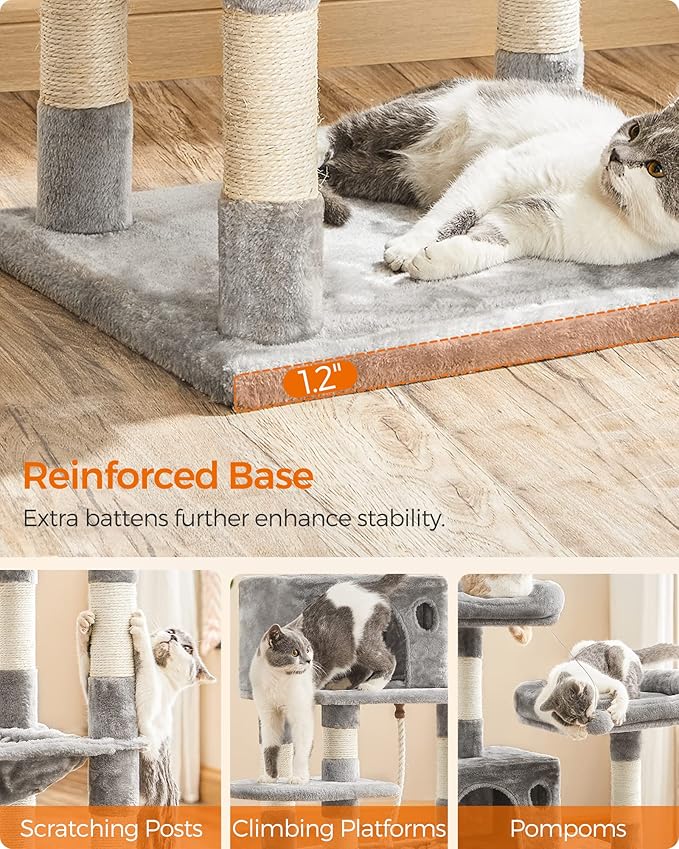 FEANDREA Cat Tree, Cat Tower for Indoor Cats, 56.3-Inch Cat Condo with Scratching Posts, Hammock, Plush Perch, Light Gray UPCT15W-PurrikoPets