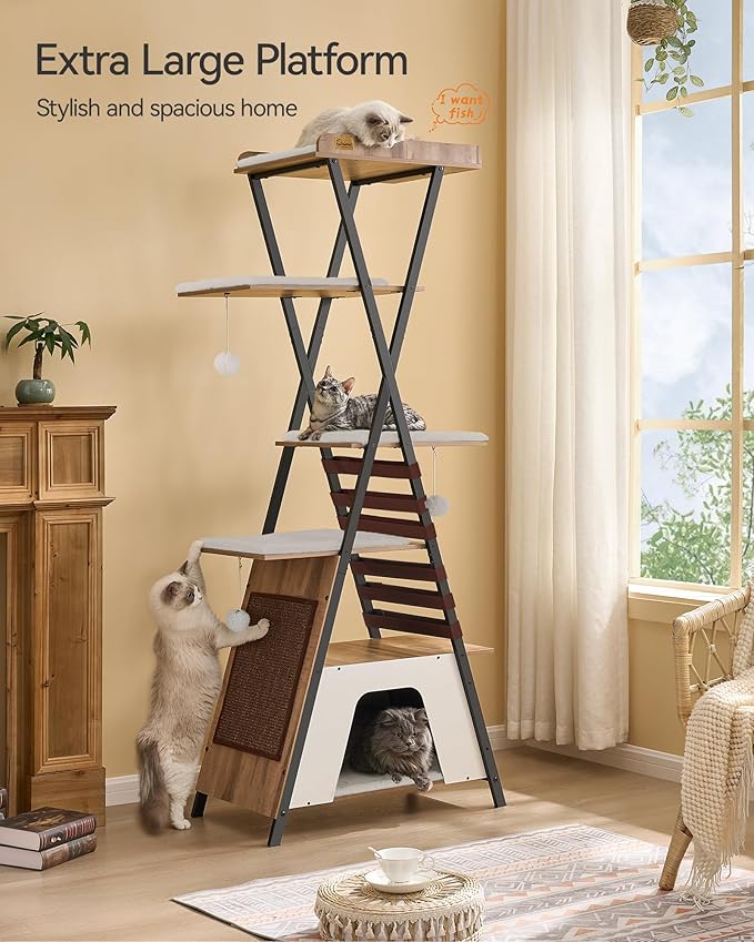 FourFurPets 72.4" Cat Tree, Modern Cat Tower for Indoor Cats, Multi-Level Cat Condo with Caves, Tall Cat Tree with Cat Scratching Board, Wooden Cat Tower with Large Perch, Removable Pads, Camel Brown-PurrikoPets