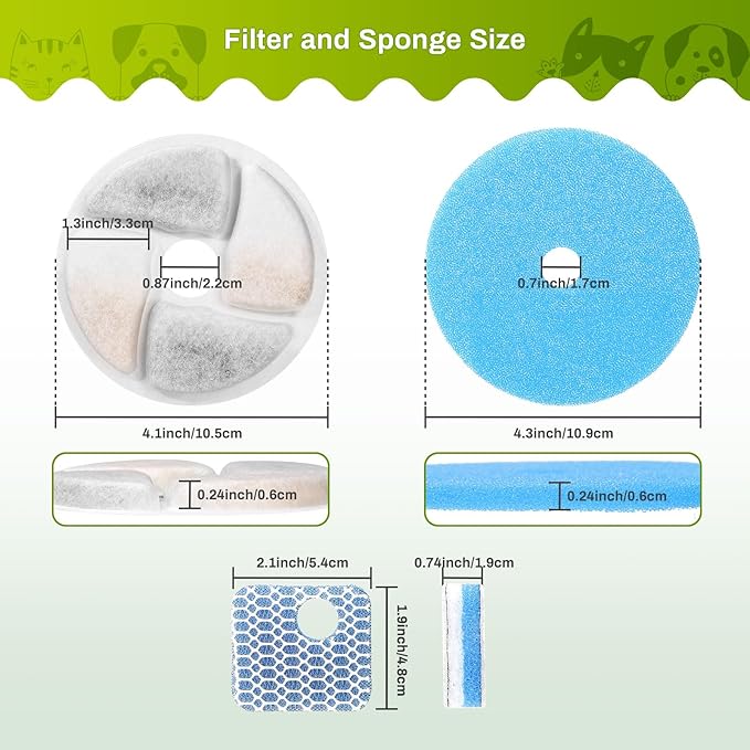 10 Set Cat Water Fountain Filter Replacement for Square 2.2L/73oz Stainless Steel Cat Fountain, ZEKIRY Pet Fountain Filter, Triple Filtration Replacement Filters(10 Filter, 10 Sponge, 10 8D Sponge)-PurrikoPets