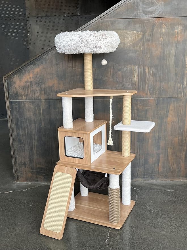 61" Wooden Cat Tree Tower for Indoor Cats, Luxury Modern Wooden Tower with XL Plush Lounge, Hammock & Scratching Posts for Maine Coon 20 lbs-PurrikoPets