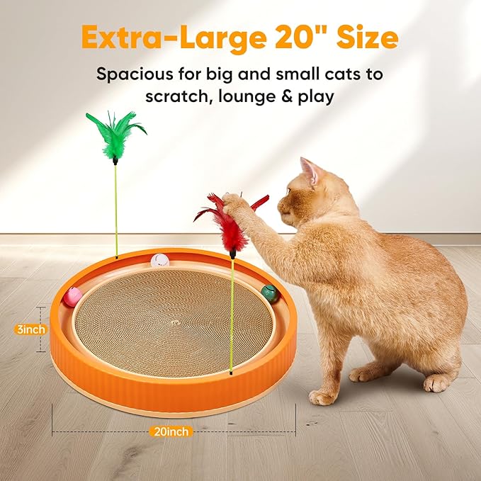 20-Inch Round Cat Scratcher with Ball Track – 3-in-1 Cardboard Cat Scratching Pad with Feather Toys, Non-Slip Base – Interactive Cat Toy for Indoor Cats, Kitten Scratch Play Lounge Board (Orange)-PurrikoPets