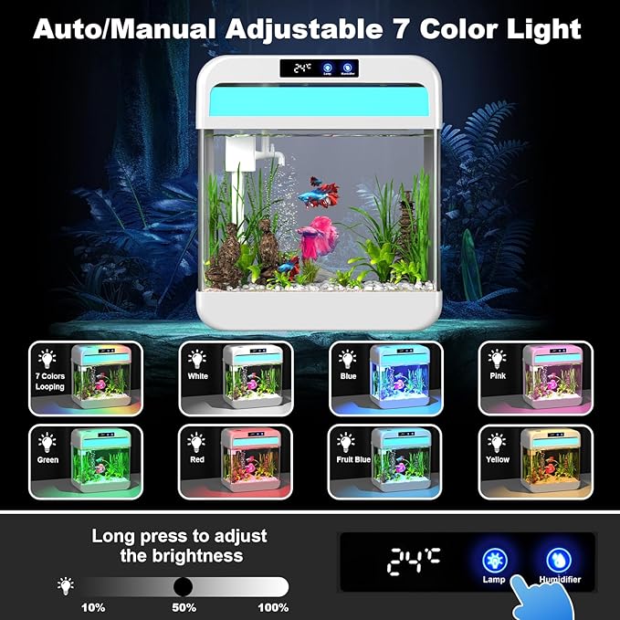 Fish Tank Aquarium 2.2 Gallon with 7 Color Auto-Looping Light, Fish Bowl with Humidifier 3 in 1 Pump - Filteration & Oxygenation & Circulation, Temperature Display, HD Float Glass, Thickened Base-PurrikoPets