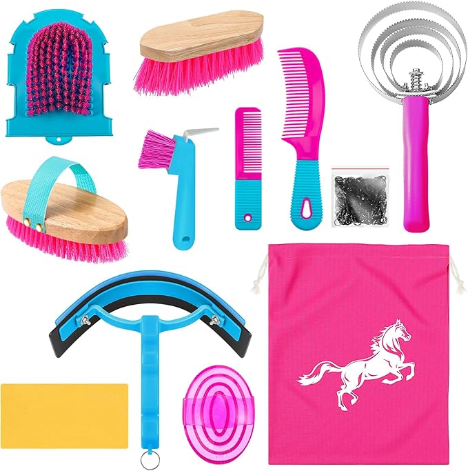 Abbylike 12 Pieces Horse Grooming Kit Racing Festival Tack Room Supplies Horse Brush Sets Equine Care Cleaning Kit Shedding Grooming Massaging Tools(Rose Red)-PurrikoPets