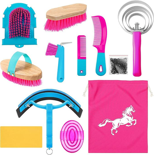 Abbylike 12 Pieces Horse Grooming Kit Racing Festival Tack Room Supplies Horse Brush Sets Equine Care Cleaning Kit Shedding Grooming Massaging Tools(Rose Red)-PurrikoPets