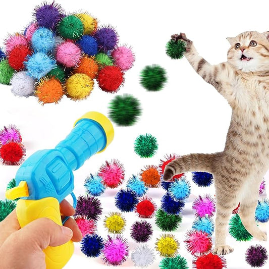 Dorhui Cat Toy Gun Launcher - 30 Pcs Sparkle Pom Pom Balls and Ball Launcher, Fetch Toy Gun Shooter, Interactive Glitter Balls for Indoor Cats and Kitty Gifts-PurrikoPets