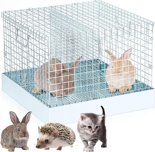 Folding Rabbit Cage, 18 x 18 x 14 in Portable Bunny Carrier with Tray and Handles for Transport, Trave or Temporary Housing, Indoor Outdoor Pet Habitat Animal Enclosure-PurrikoPets