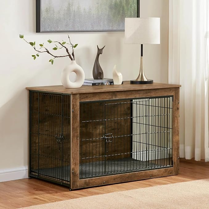 Dog Kennel Furniture, Wooden Dog Crate End Table, Heavy Duty Dog Crate, Decorative Pet Crate Dog Cage for Large Indoor Use (Rustic Brown) 39" L×26" W×27" H-PurrikoPets
