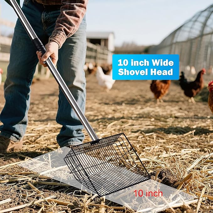 10inch Large Metal Chicken Poop Scooper,32 to 67" Adjustable Long Chicken Coop Litter Scoop,Heavy Duty Sifting Shovel for Chicken Coop & Pet Waste Cleaning-PurrikoPets