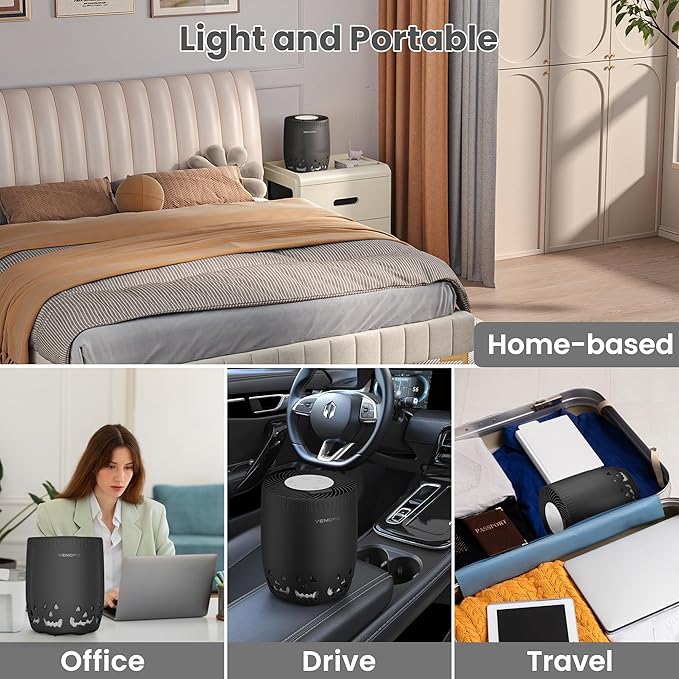 Air Purifiers for Home Bedroom up to 1076ft², True HEPA Air Filters Dust Pets Smoke Hair, 3 Fan Speeds Quiet, Timer Settings, Rechargeable Air Cleaner Office, Bedroom, Pets, Car(Black)-PurrikoPets
