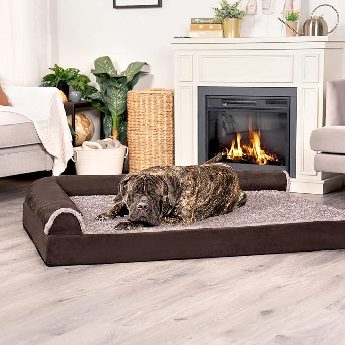 Furhaven Cooling Gel Dog Bed for Large Dogs w/ Removable Bolsters & Washable Cover, For Dogs Up to 125 lbs - Two-Tone Plush Faux Fur & Suede L Shaped Chaise - Espresso, Jumbo Plus/XXL-PurrikoPets