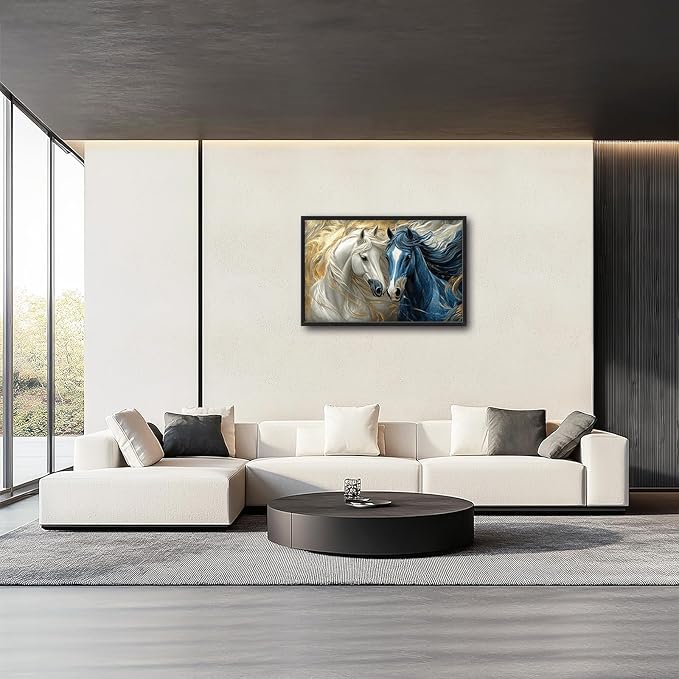 Framed Large Horse Wall Art for Living Room, Oversized Abstract Horses Wall Decor Blue and Golden Canvas Painting Animal Pictures Modern Artwork for Living Room Bedroom Office 36"x24"-PurrikoPets