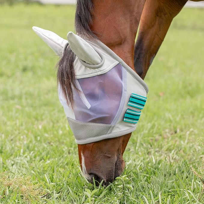Equinavia Algard Soft Mesh Horse Fly Mask with Ear Protection and 45 UPF Rating | No Eye Irritation & UV Protection - Silver/Turquoise - Pony-PurrikoPets