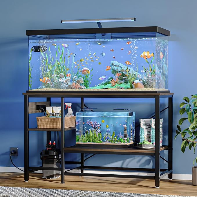 55 Gallon Fish Tank Stand with Charging Station, 49.2x13.8 Metal Aquarium Stand with 3-Tiers Adjustable Storage Shelves, 6-Legs Reptile Terrarium Stand, 700 LBs-PurrikoPets