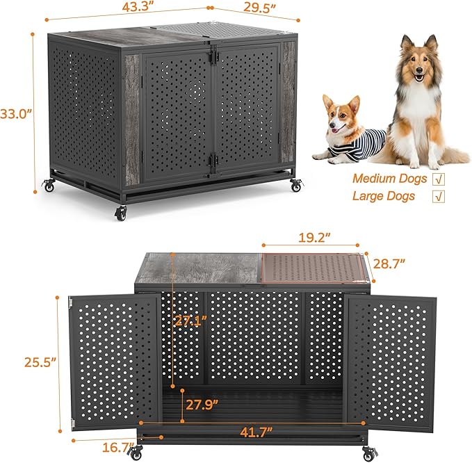 42" Heavy Duty Dog Crate Furniture for Medium and Large Dogs, Enclosed Design with 0.5 inch Holes, Indestructible Metal Kennel for High Anxiety Dogs, Chew Proof Indoor Pet House Cage, Gray-PurrikoPets