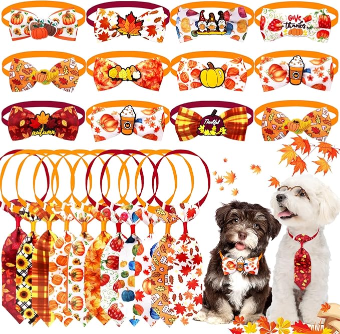22pcs Fall Dog Bow Tie, Adjustable Bowtie Collar Attachment for Small Medium Pets, Bulk Neckties Set for Thanksgiving Day,Autumn Pet Supplies Charms Hair Costume Accessories(Maple Leaf, Pumpkin)-PurrikoPets