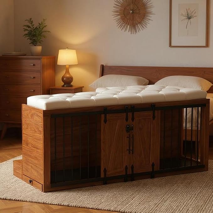 56" L Dog Crate Furniture with Padded Seat, End of Bed Bench Ottoman with Cushion, Wooden Dog Kennel with Pet Stairs & Sliding Barn Door for Bedroom, Living Room, Walnut-PurrikoPets