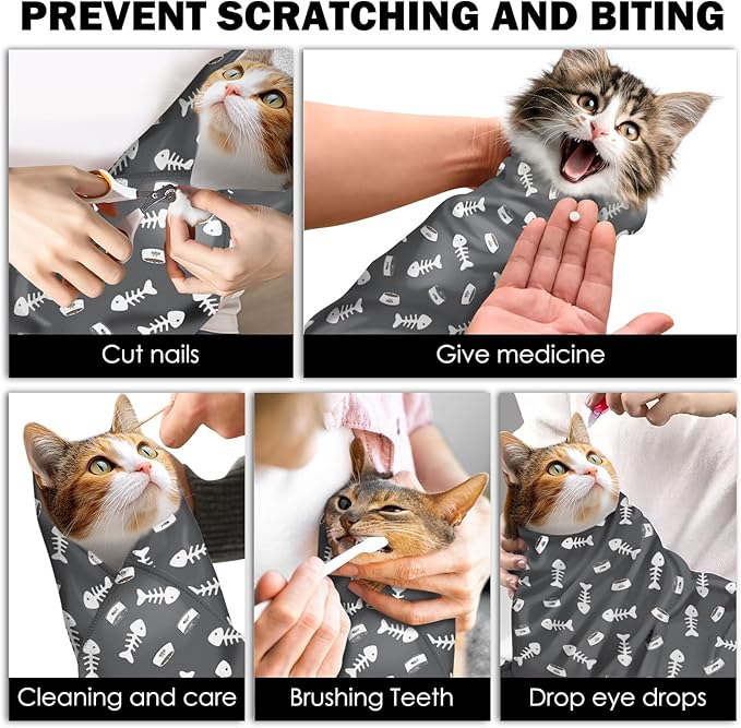 27.6" Cat Grooming Wrap, Self Adhesive Cat Wrap for Cutting Nails, Anti-Escape Calming Cat Swaddle Wrap for Medicine Ear Cleaning, Anti-Scratch Cats Burrito Restraint Blanket, Practical Pet Tool Grey-PurrikoPets