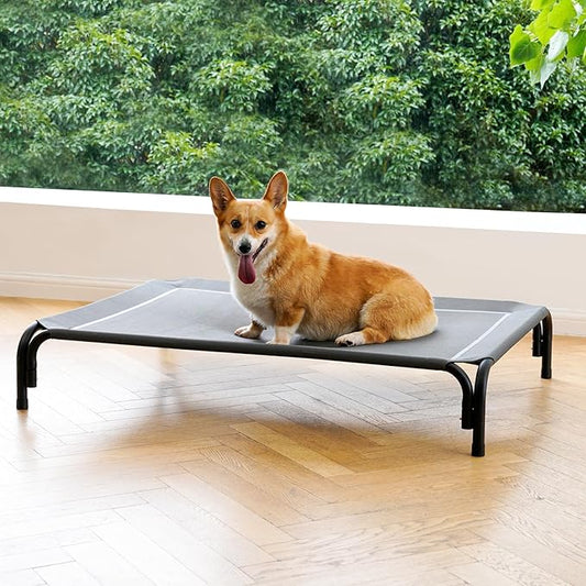 Elevated Dog Bed Raised Outdoor Dog Cot for Medium Dogs, Installation Requires No Tools, Frame with Washable Cooling Breathable Mesh Anti-Slip Feet, Indoor Pet Bed, Grey, 35.4 Inches-PurrikoPets