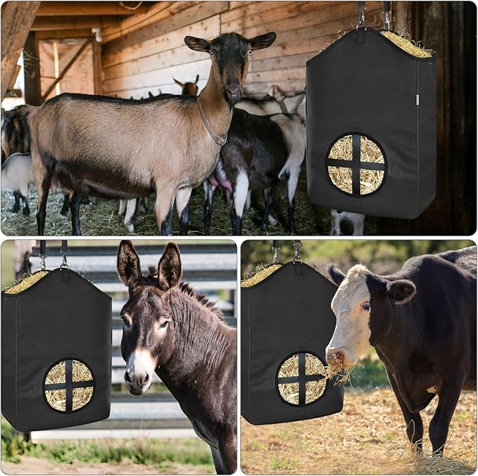 3 PCS Goat Hay Feeder,Hay Bags for Horses,Goats,Donkeys with Reinforced Oxford Fabric and High Strength Metal Clasp,Horse Feeding Supplies with Adjustable Strap for Easy Hanging (3Black)-PurrikoPets