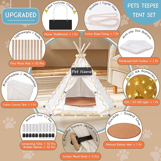 24" Dog& Cat Teepee Tent +28" Pet Cooling Mat +10ft Star String Light [2-Modes],Cotton Thicked Soft Comfort Anti-Slip Cushion (Used/Wash Separately), Indoor or Outdoor Large Pets Tents House-PurrikoPets