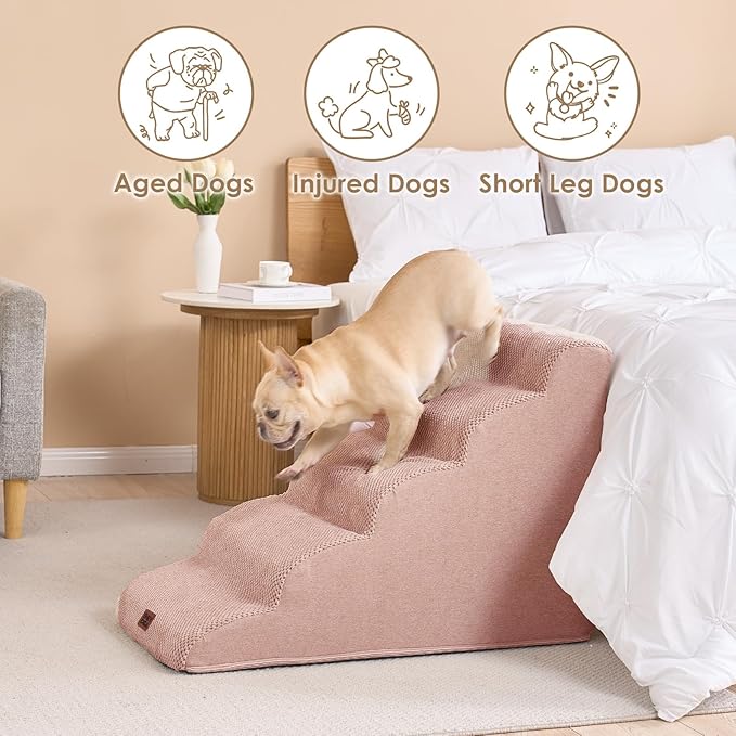 EHEYCIGA Curved Dog Stairs Ramp for High Beds 22.6" H, 5-Step Dog Steps for Small Dogs and Cats, Pet Stairs for High Bed Climbing, Non-Slip Balanced Pet Step Indoor, Dusty Pink-PurrikoPets