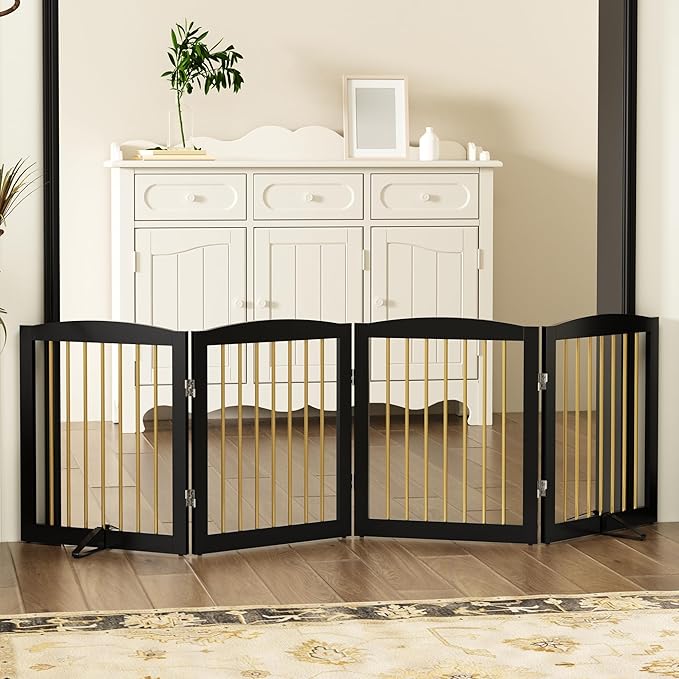 Freestanding Pet Gate for Dogs, Foldable Wooden Dog Gate for House, Indoor Dog Gate for Stairs, Doorways, Step Over Pet Puppy Safety Fence, 80 Inch Wide, 4 Panels 24", Black & Gold-PurrikoPets